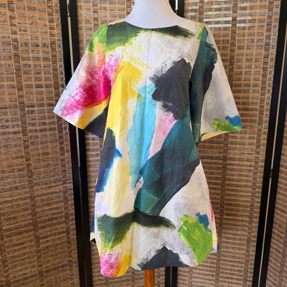 COS Abstract Painterly Print Shift Dress Women 2 Multicolor Cotton Mini Pockets